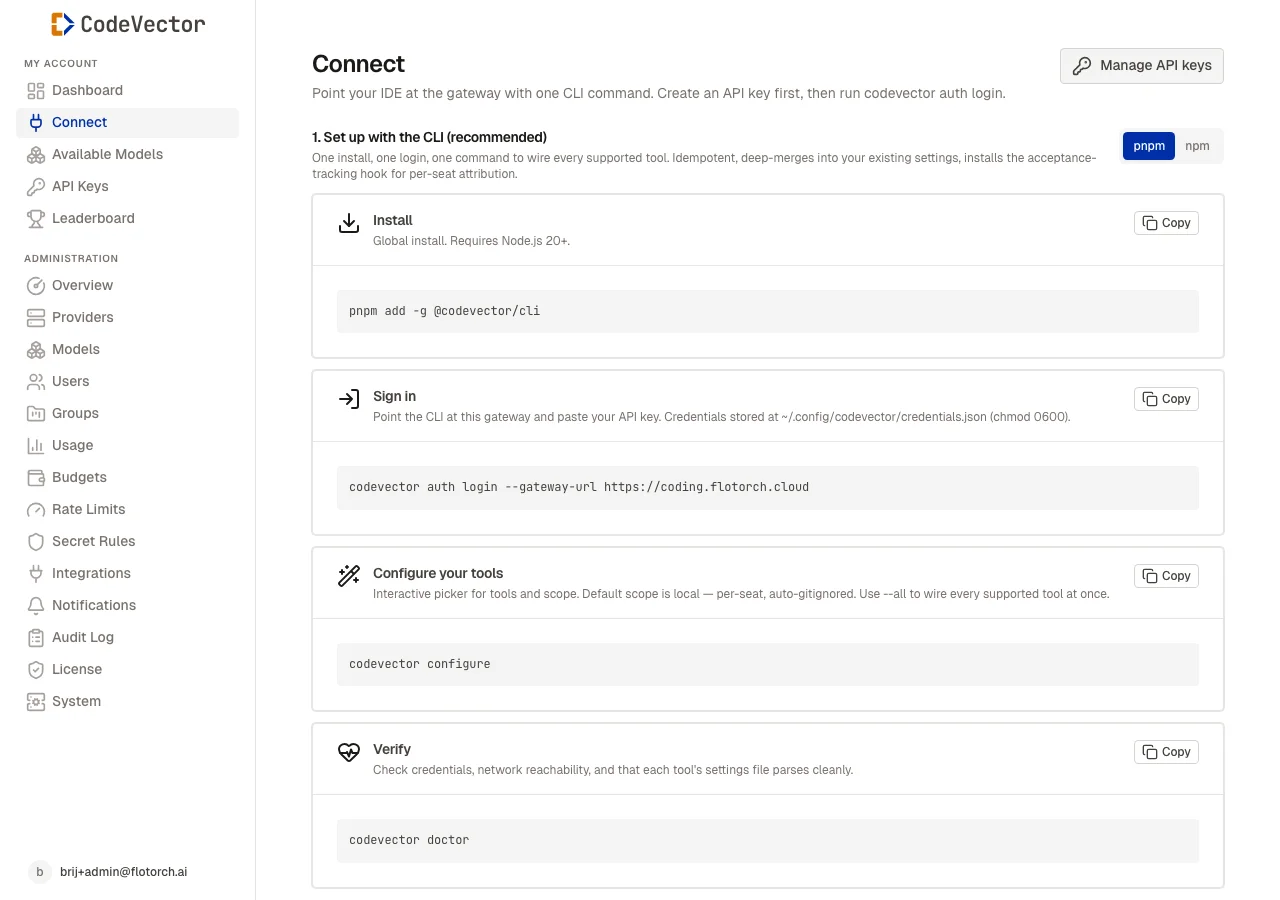Connect page in the gateway console showing CLI install, sign-in, configure, and verify steps with copy buttons