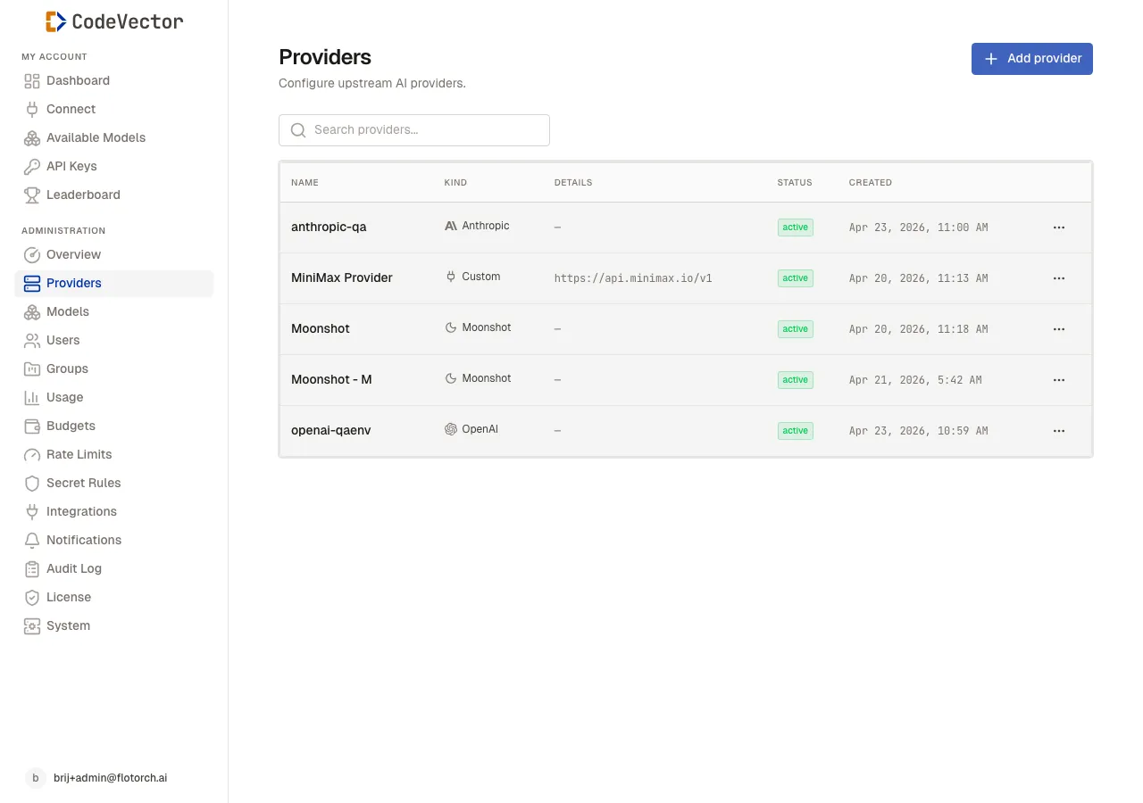 Providers list showing Anthropic, Custom, Moonshot, and OpenAI entries with active status badges