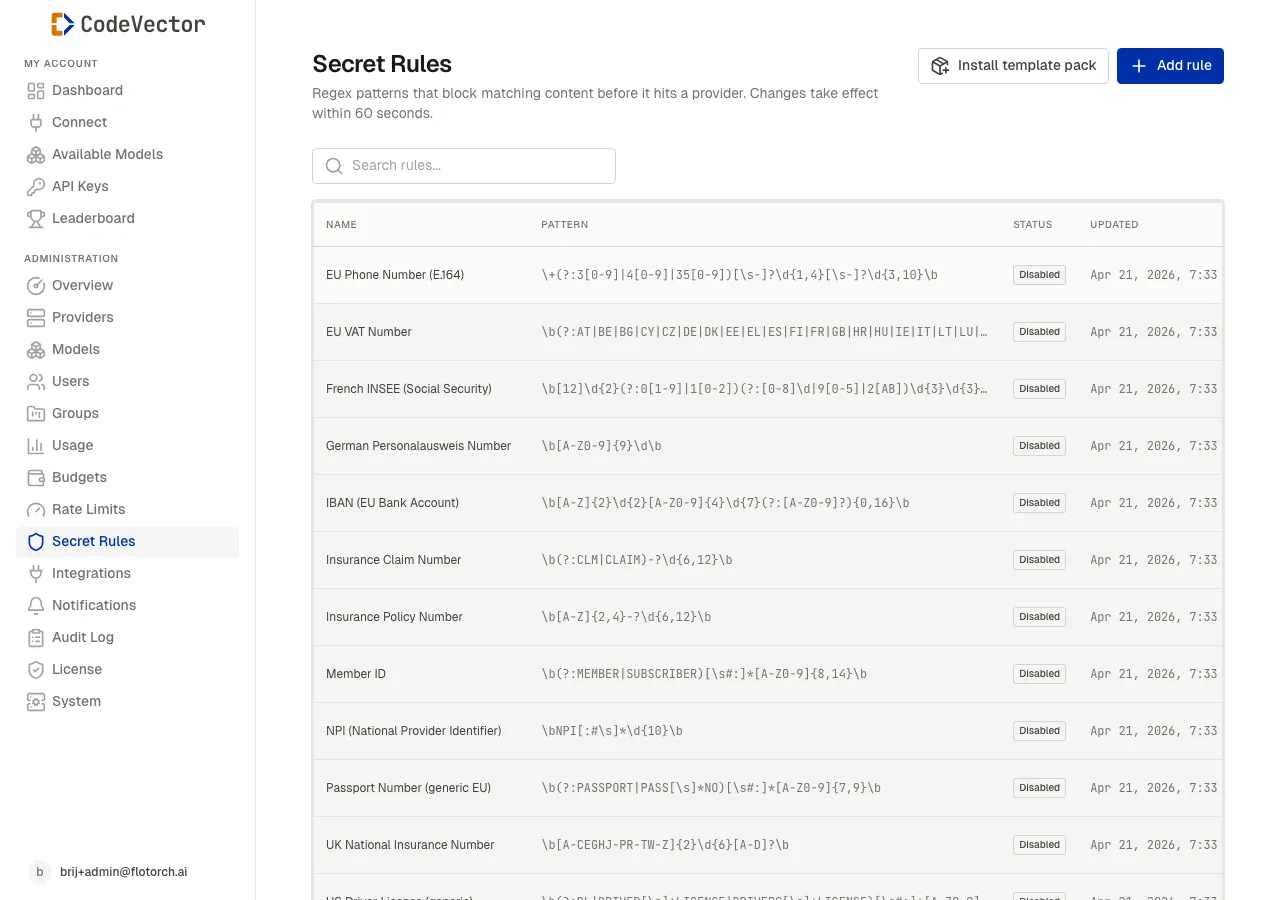 Secret Rules list showing names, regex patterns, status badges, and last updated dates