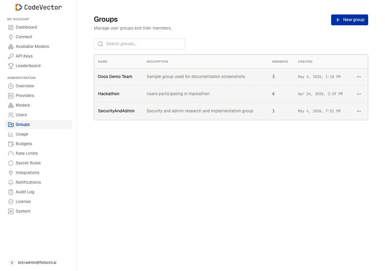 Groups list showing names, descriptions, and member counts