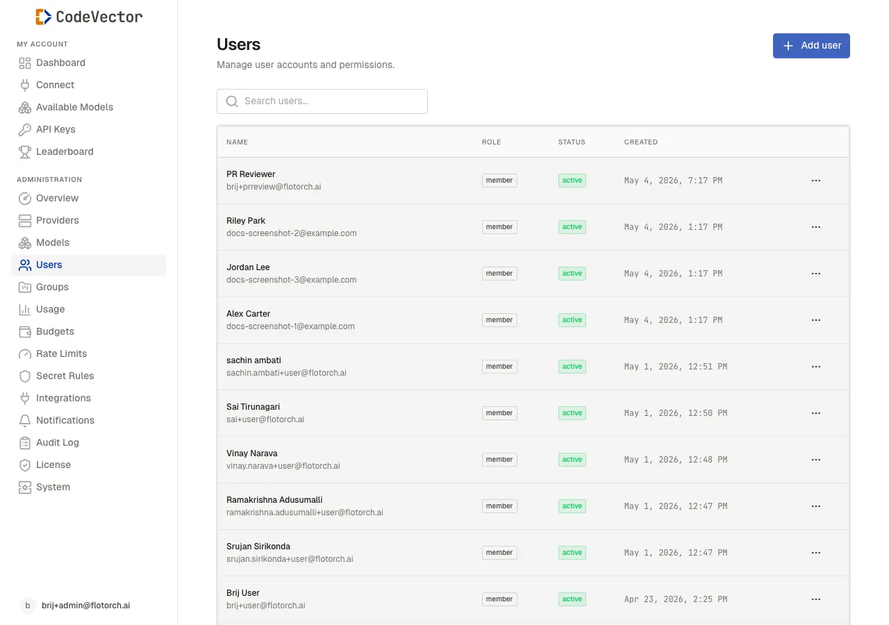 Users list showing names, emails, roles, and status badges