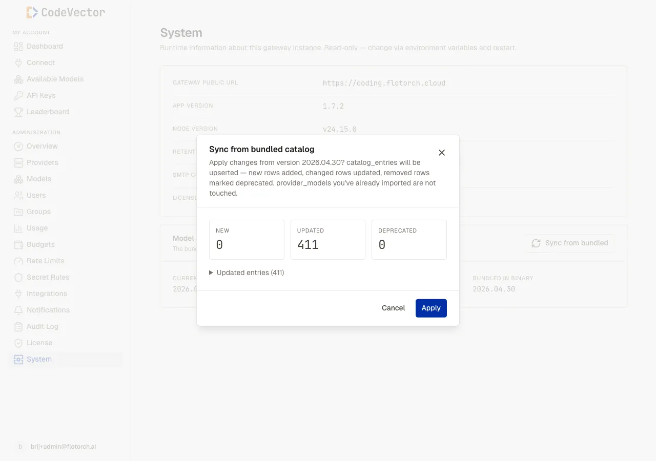 Sync from bundled catalog modal showing 0 new entries, 411 updated entries, 0 deprecated entries, with an Updated entries expandable section, plus Cancel and Apply buttons