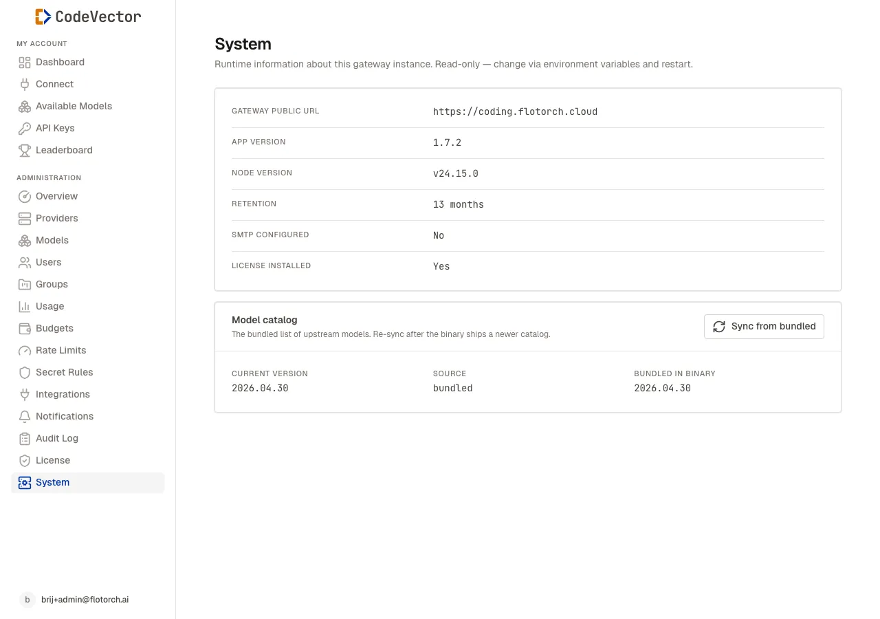 Settings page showing gateway public URL, app version, Node version, retention months, SMTP configured flag, license installed flag, and a model catalog card with current version, source, and bundled version