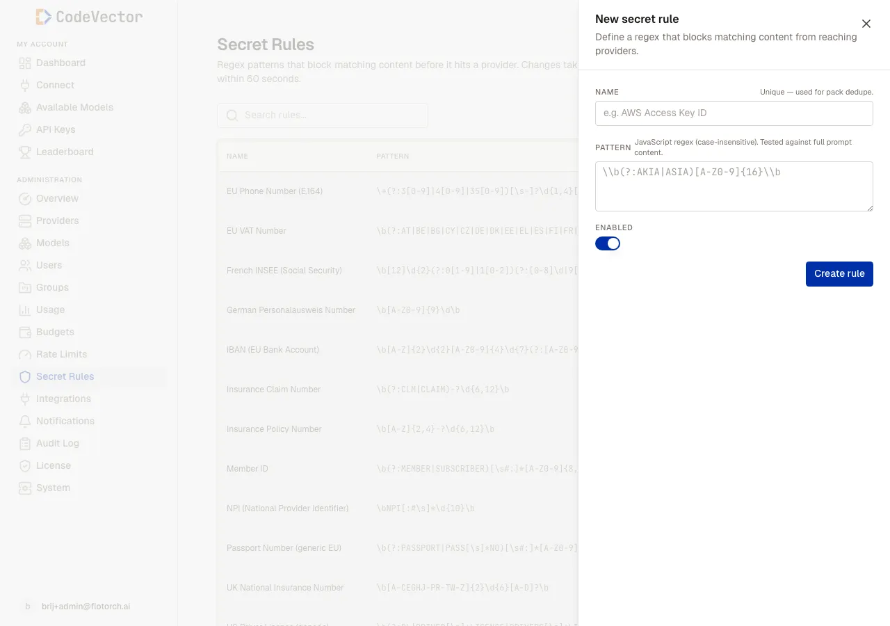 New secret rule slideover with Name, Pattern (JavaScript regex), and Enabled toggle, plus a Create rule button
