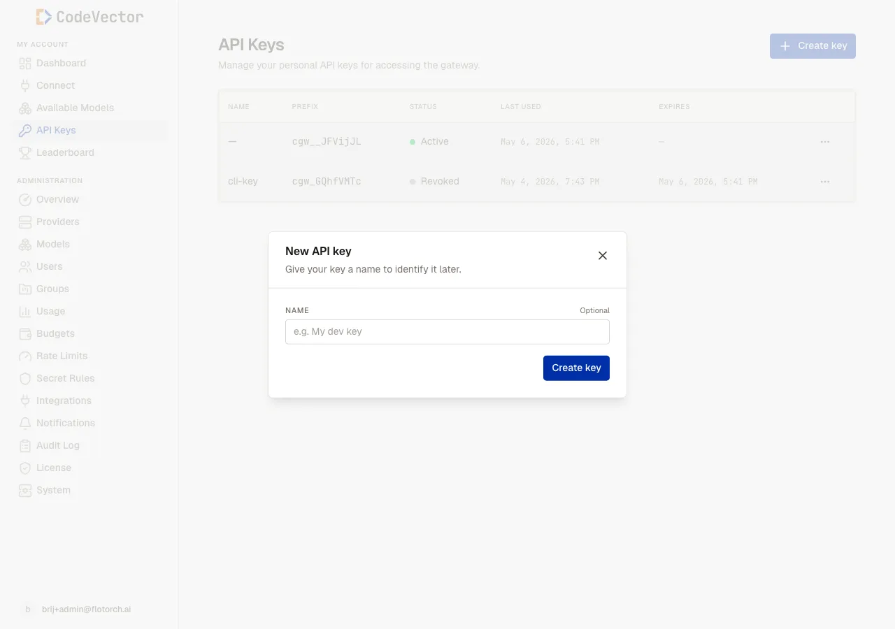 New API key modal with a Name field marked optional and a Create key button
