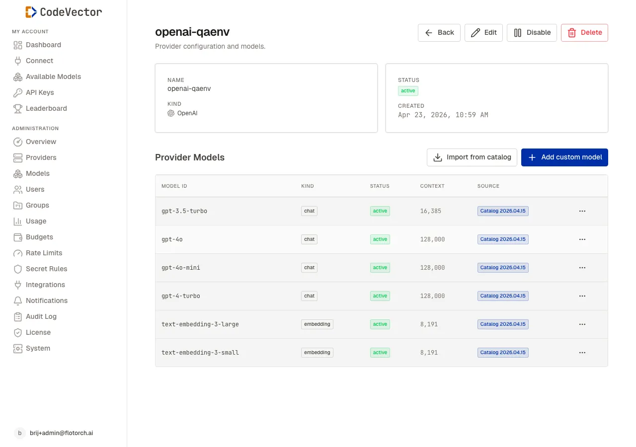 Provider detail for openai-qaenv showing name, kind, status, and a Provider Models table with gpt-4o, gpt-4o-mini, and embedding models