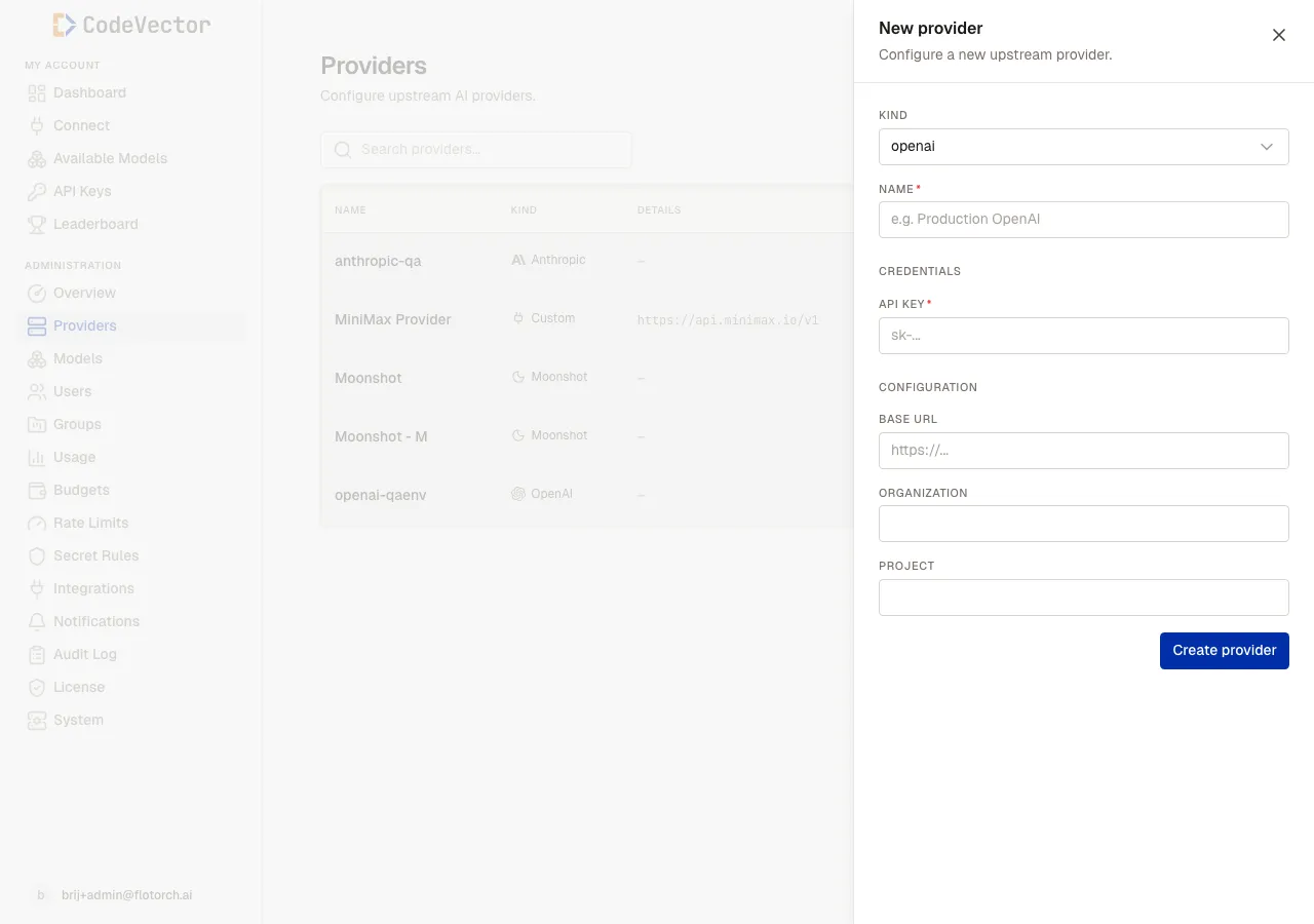 New provider modal with Kind dropdown, Name field, API Key credential field, and Base URL configuration field