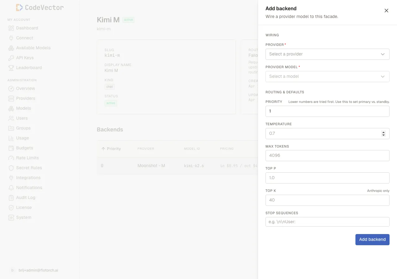 Add backend slideover showing Provider and Provider Model dropdowns under a Wiring heading, plus Routing & Defaults fields for priority, temperature, max tokens, top_p, top_k, and stop sequences